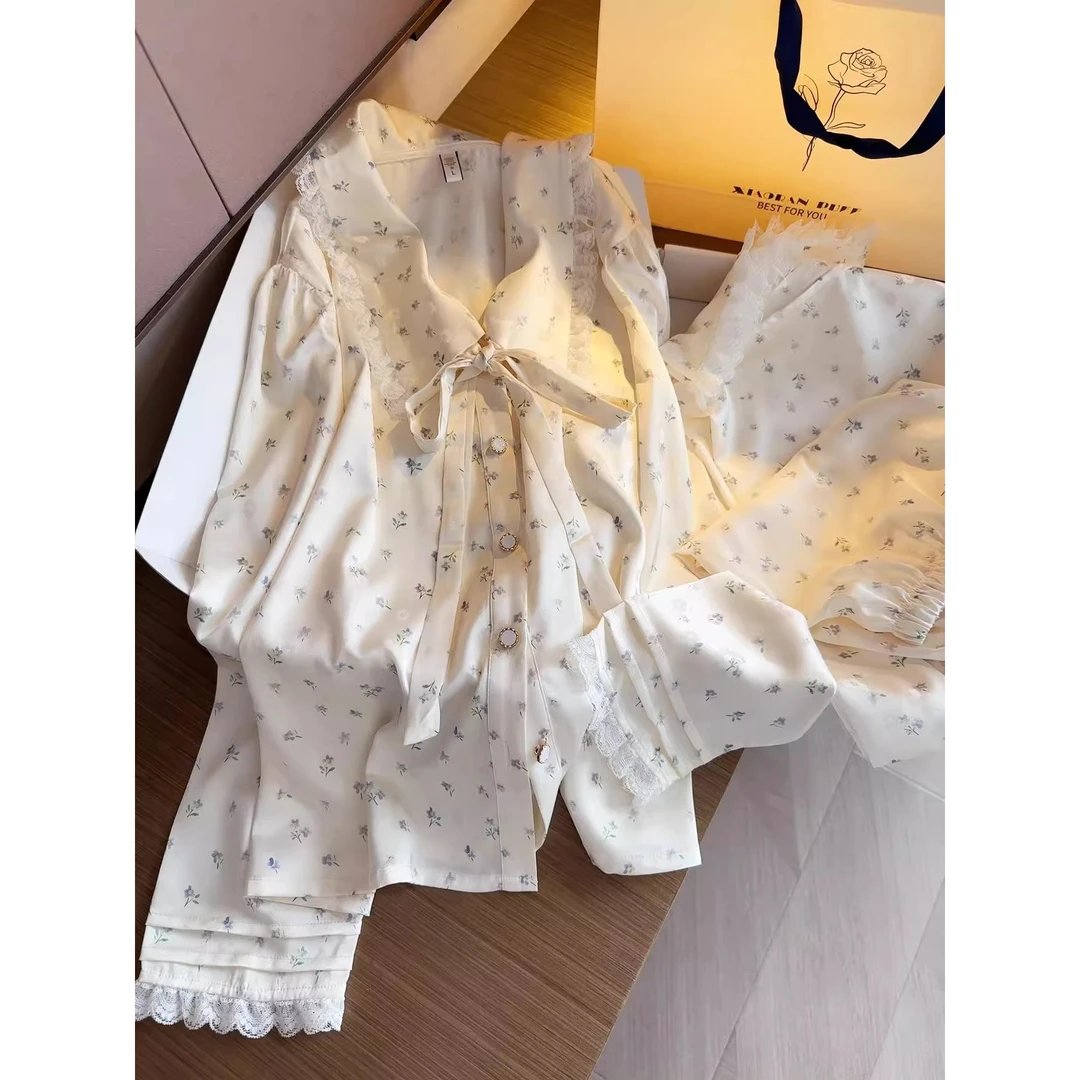 【法式碎花】冰丝长袖睡衣女春夏季2025新款长裤可外穿女大学生睡衣