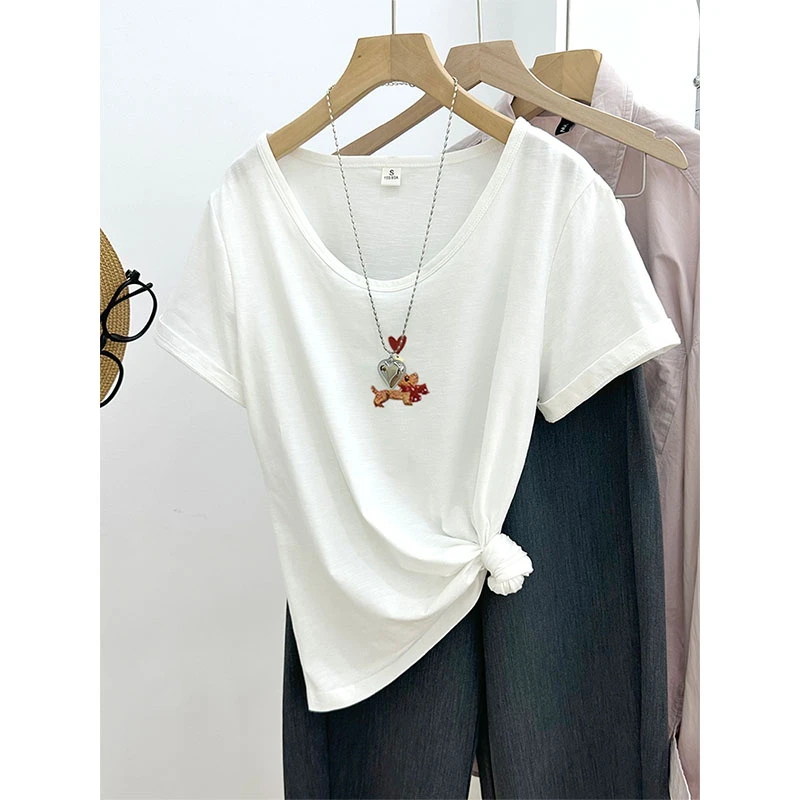 2025新款夏季正肩竹节棉短袖T恤女白色青春韩版时尚百搭圆领上衣