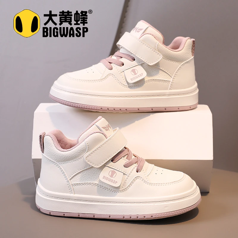 大黄蜂童鞋女童2025新款秋季儿童高帮运动鞋女孩皮面轻便小白板鞋