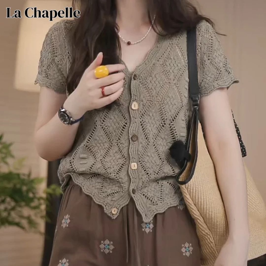 拉夏贝尔新款钩花镂空针织开衫女夏季短袖T恤韩系复古显瘦上衣