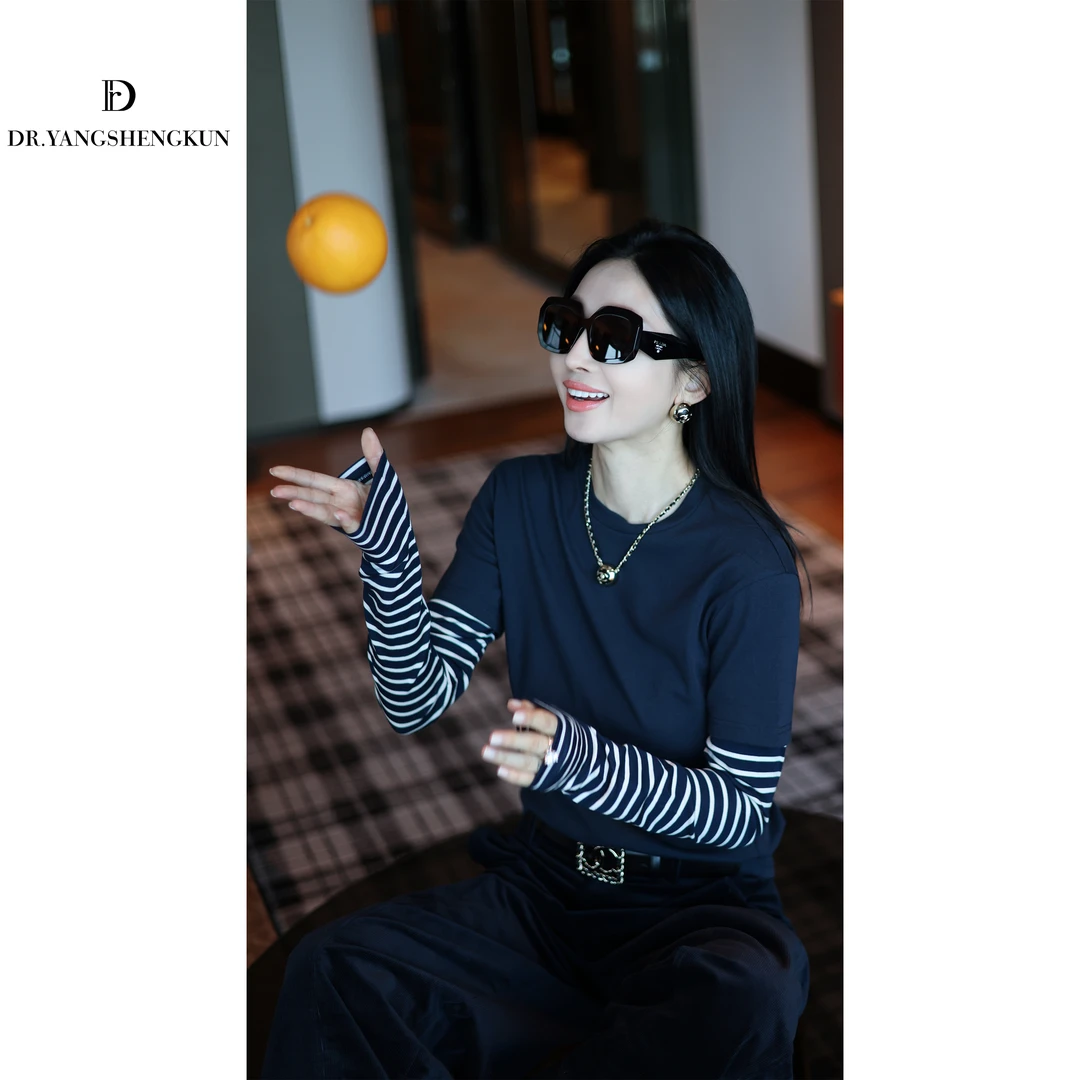 杨圣坤2025秋季新品时尚百搭条纹拼接假两件纯棉长袖T恤S82581375