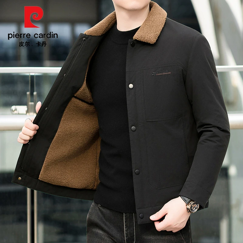 皮尔卡丹工装夹克加绒保暖秋冬纯色加厚休闲通勤时尚翻领男士外套