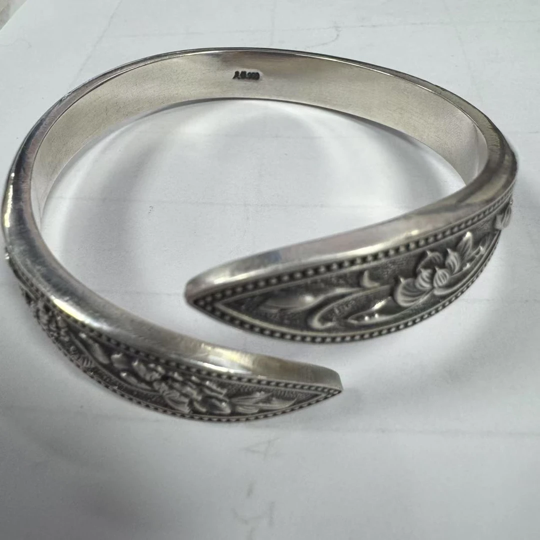 足银手镯 足银999鱼戏莲双尖手镯 0034700