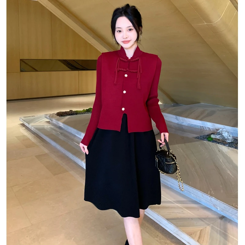 时尚套装新中式国风马甲裙子两件套针织毛衣连衣裙8800