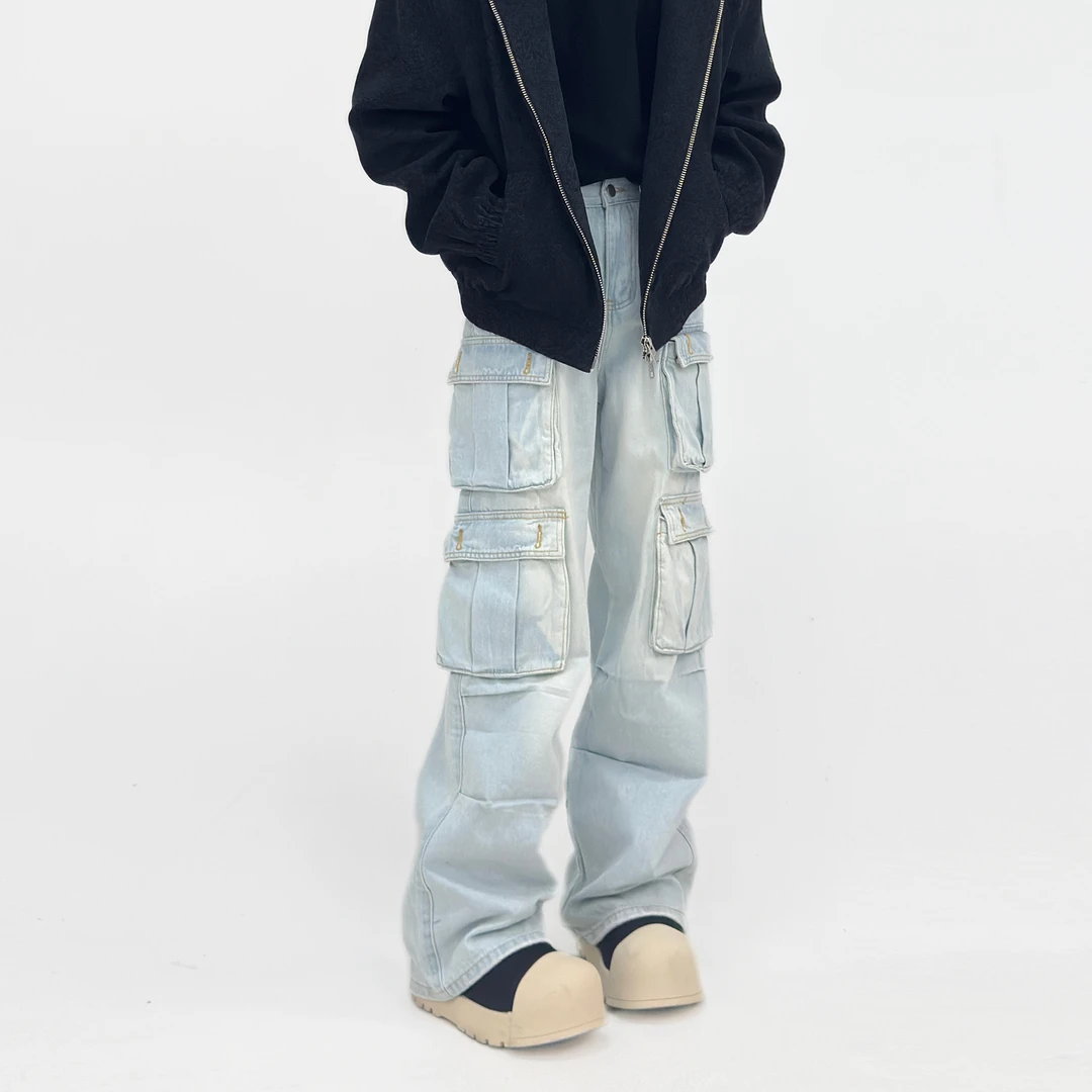 SongC美式复古多口袋工装牛仔裤宽松阔腿情侣拖地裤裤子百搭水洗