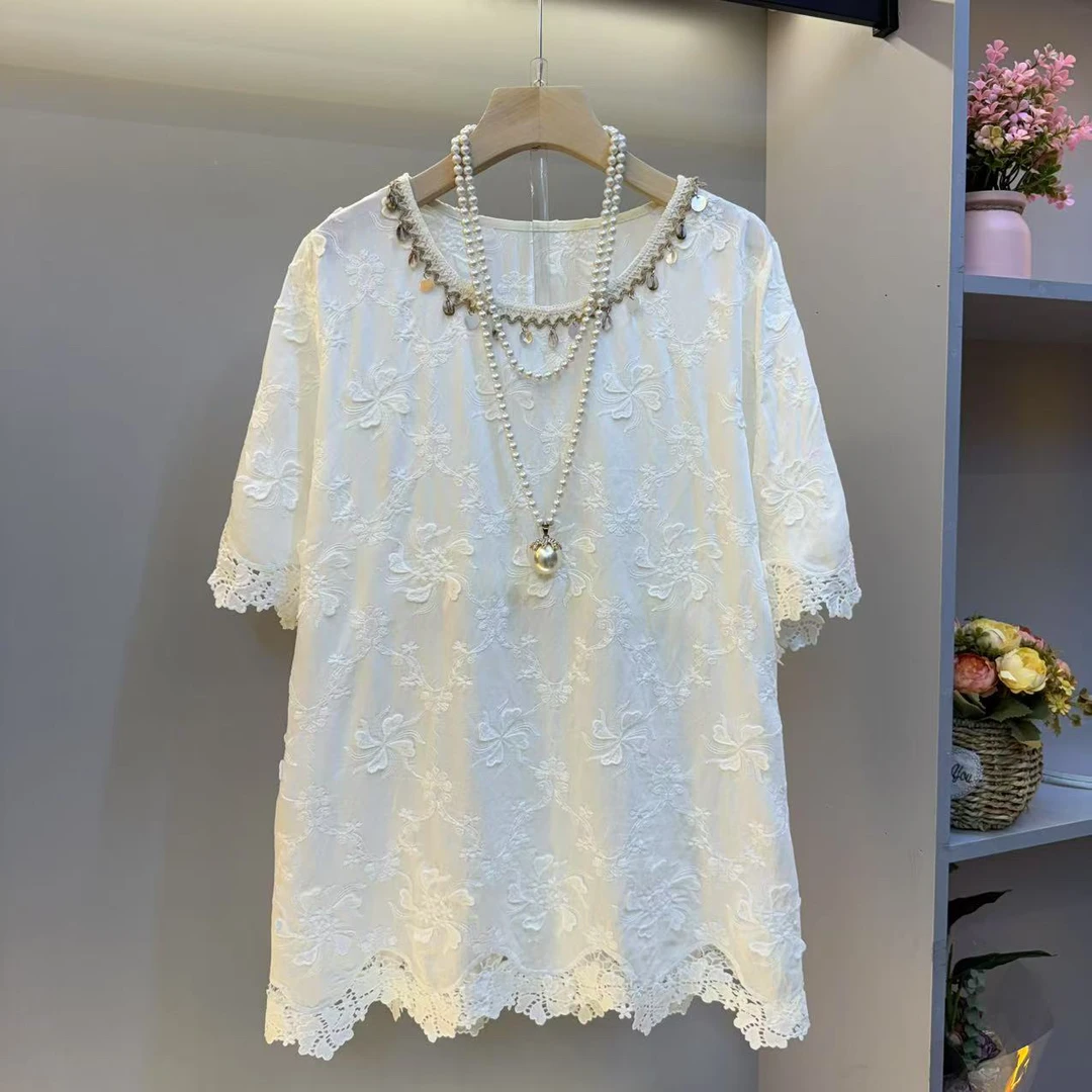 时尚大码女装高级感简约刺绣流苏圆领宽松女短袖衫