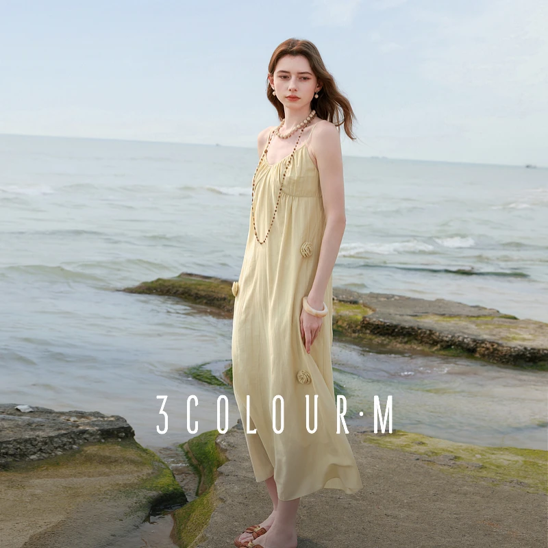 三彩2025夏季新款黄色吊带裙立体花朵A字裙连衣裙淡人长裙度假女M