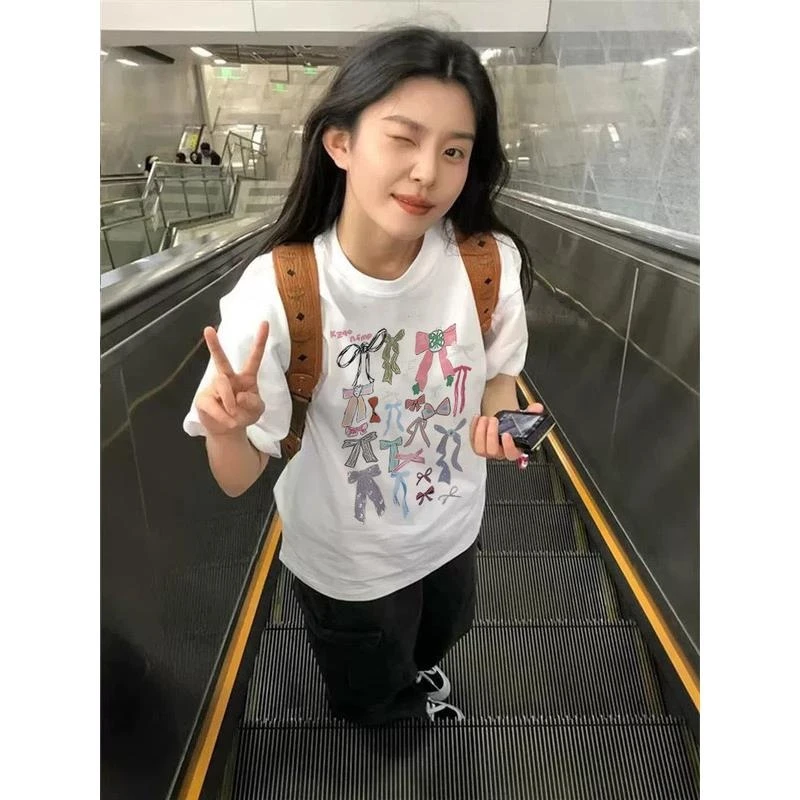 夏季大码纯棉短袖t恤女爆款白色正肩设计感美式半袖宽松胖mm上衣