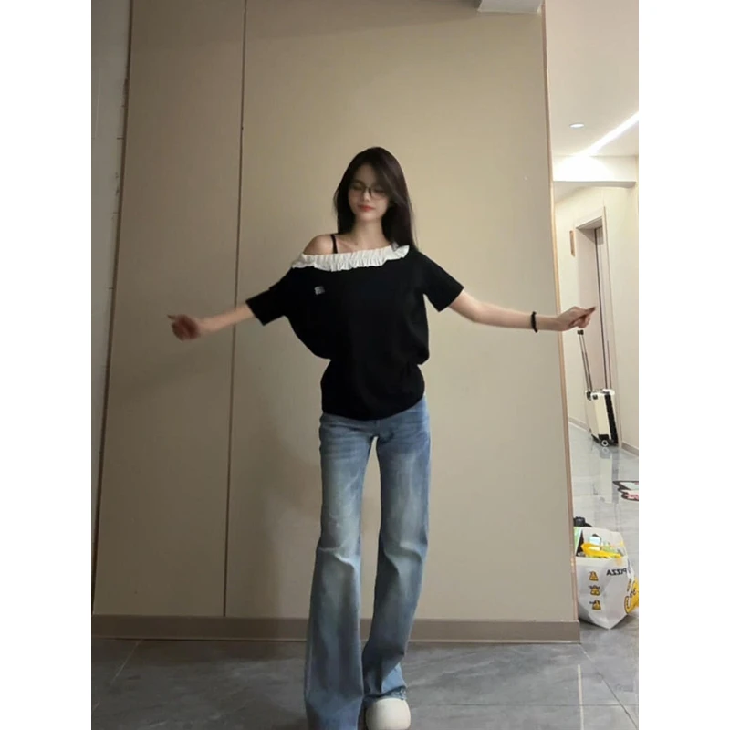 【ZHAP】新款花边领口斜肩宽松短袖t恤女遮肉显瘦字母印花百搭上衣