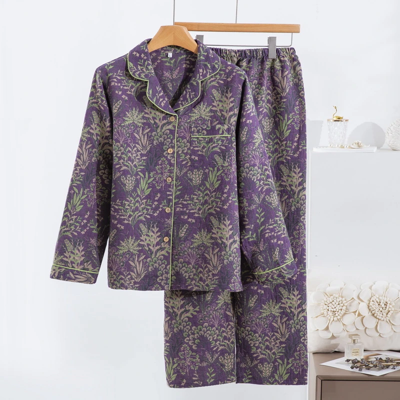 【对门扣清货】A类全棉色织提花双层纱家居服睡衣复古纯棉睡衣