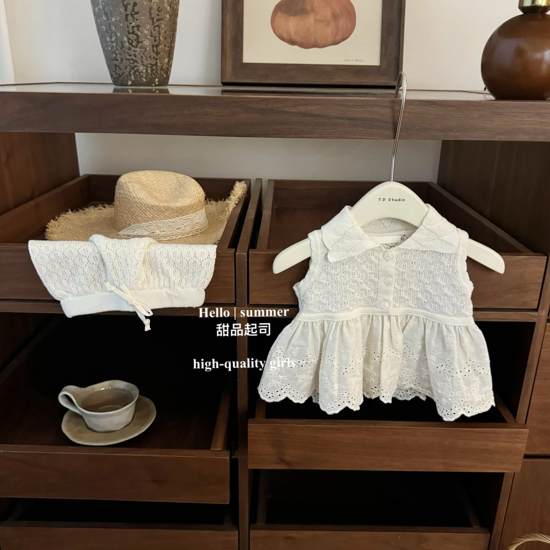 【甜品起司】白月光!韩系女宝宝甜美娃娃领镂空背心短裤洋气套装