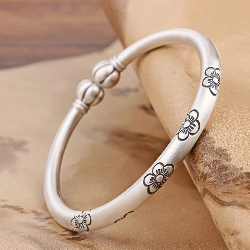 足银手镯 M57多福南瓜银手镯999.9纯银覆古梅花开口足银贵妃镯