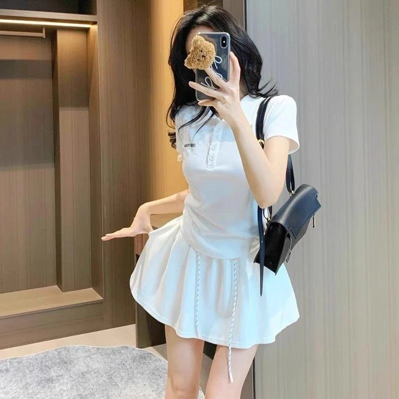 韩系夏季新款学院风辣妹POLO短袖上衣高腰显瘦半身短裙休闲两件套