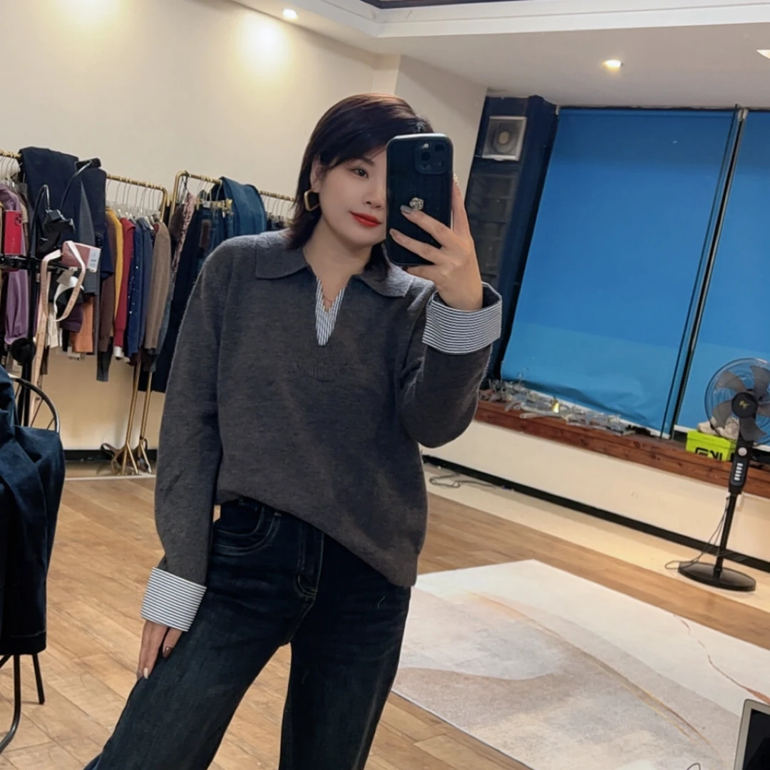 秋冬新款通勤拼接条纹翻领毛衣66298