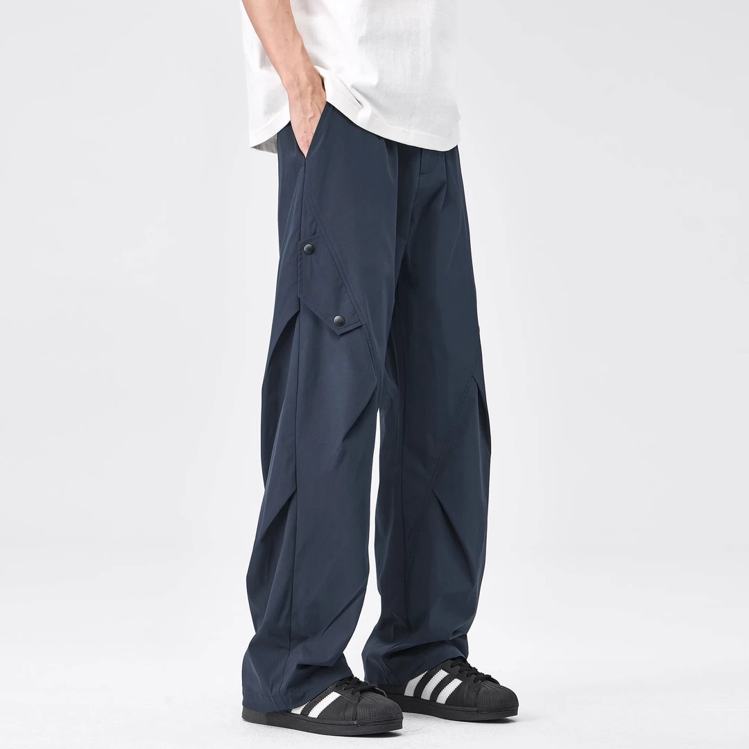 夏季薄款美式褶皱工装裤男士潮牌冰丝速干阔腿运动户外休闲伞兵裤