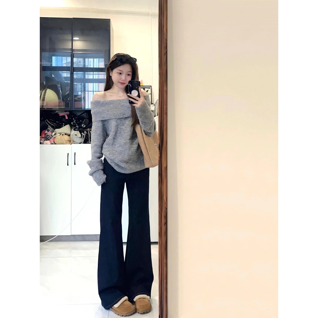 INS CEC韩系露肩毛衣针织上衣女秋季高腰修身显瘦微喇裤套装