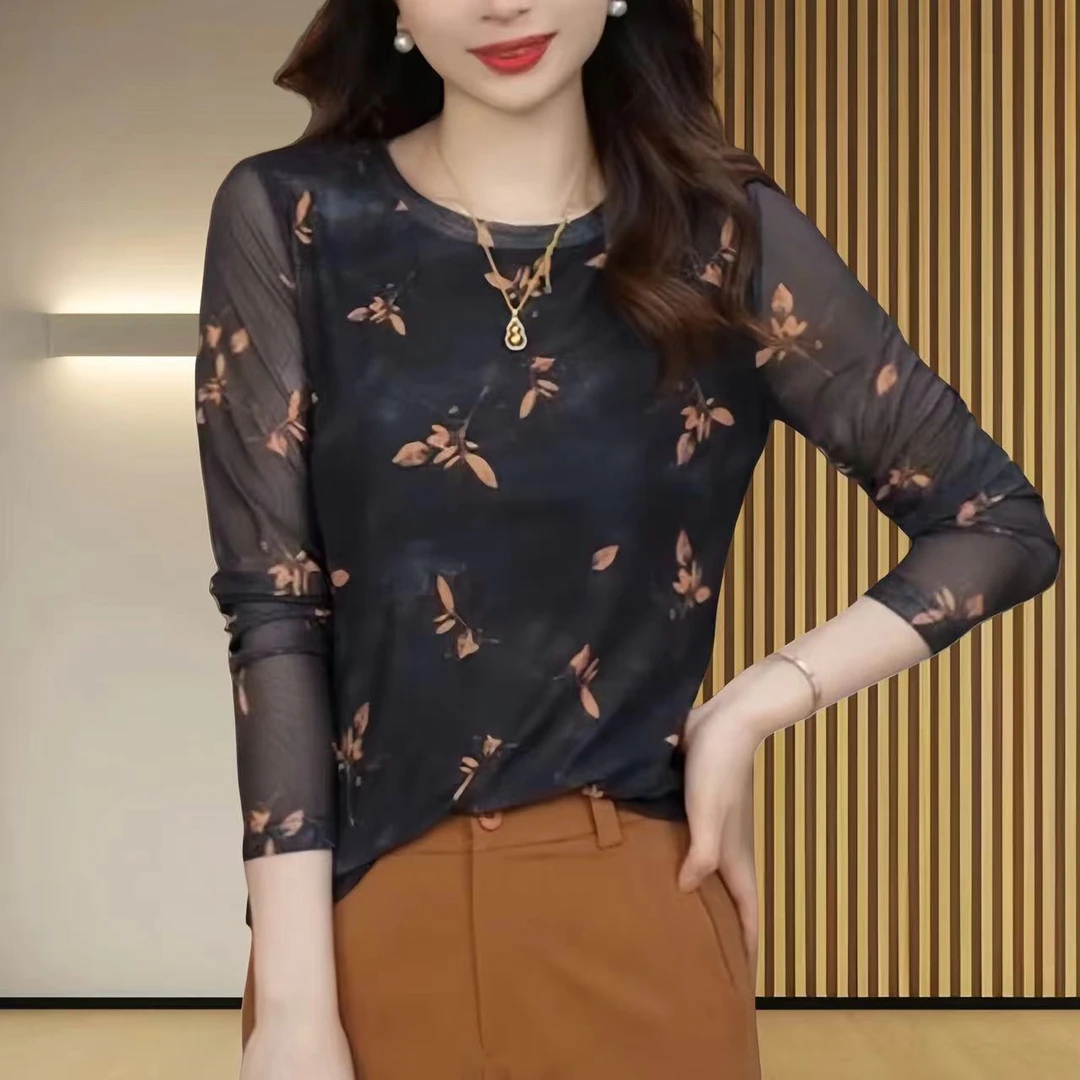 法式印花渐变圆领T恤女减龄复古休闲时尚春夏长袖上衣