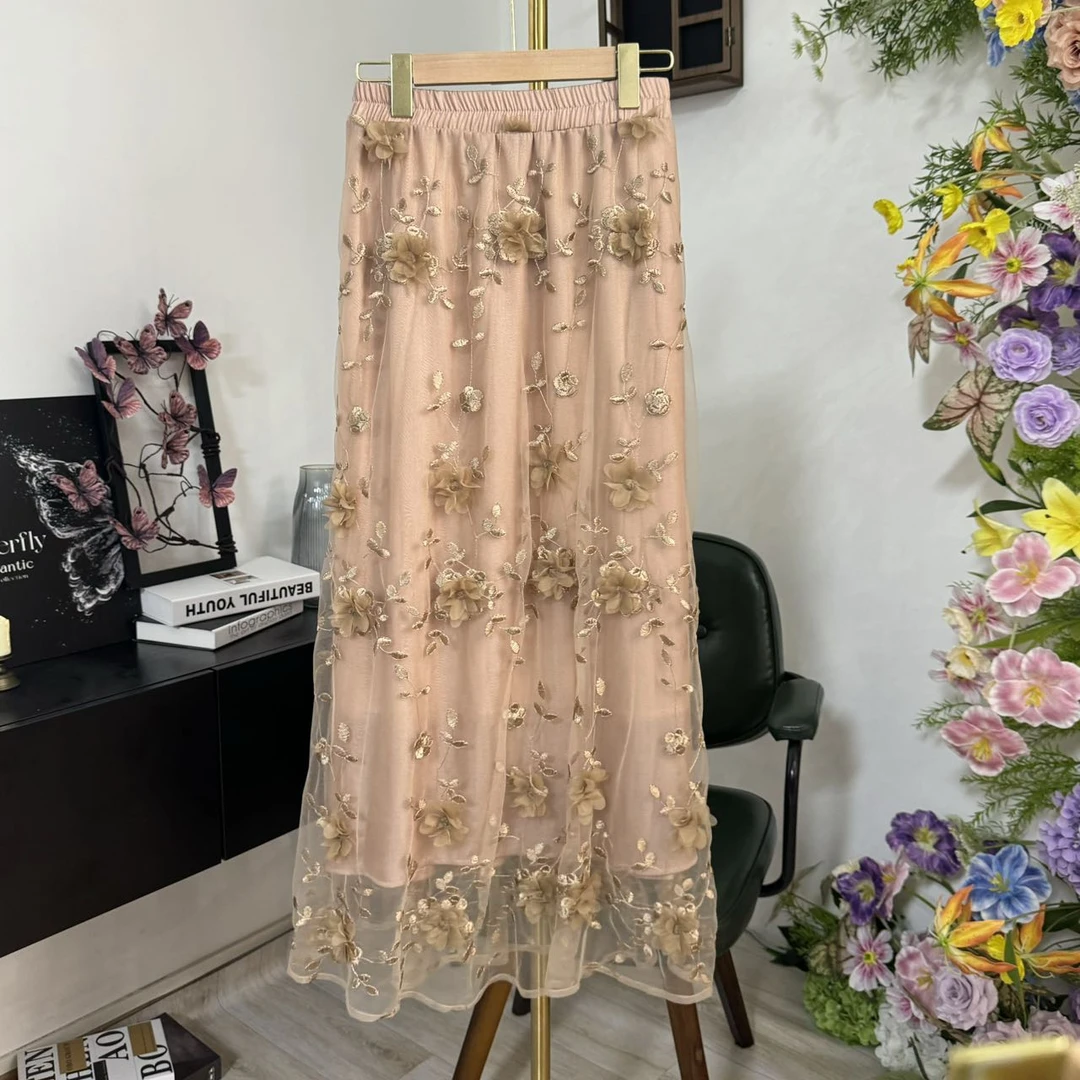 A Q3037：重工立体花朵刺绣网纱半身裙高腰显瘦A字裙