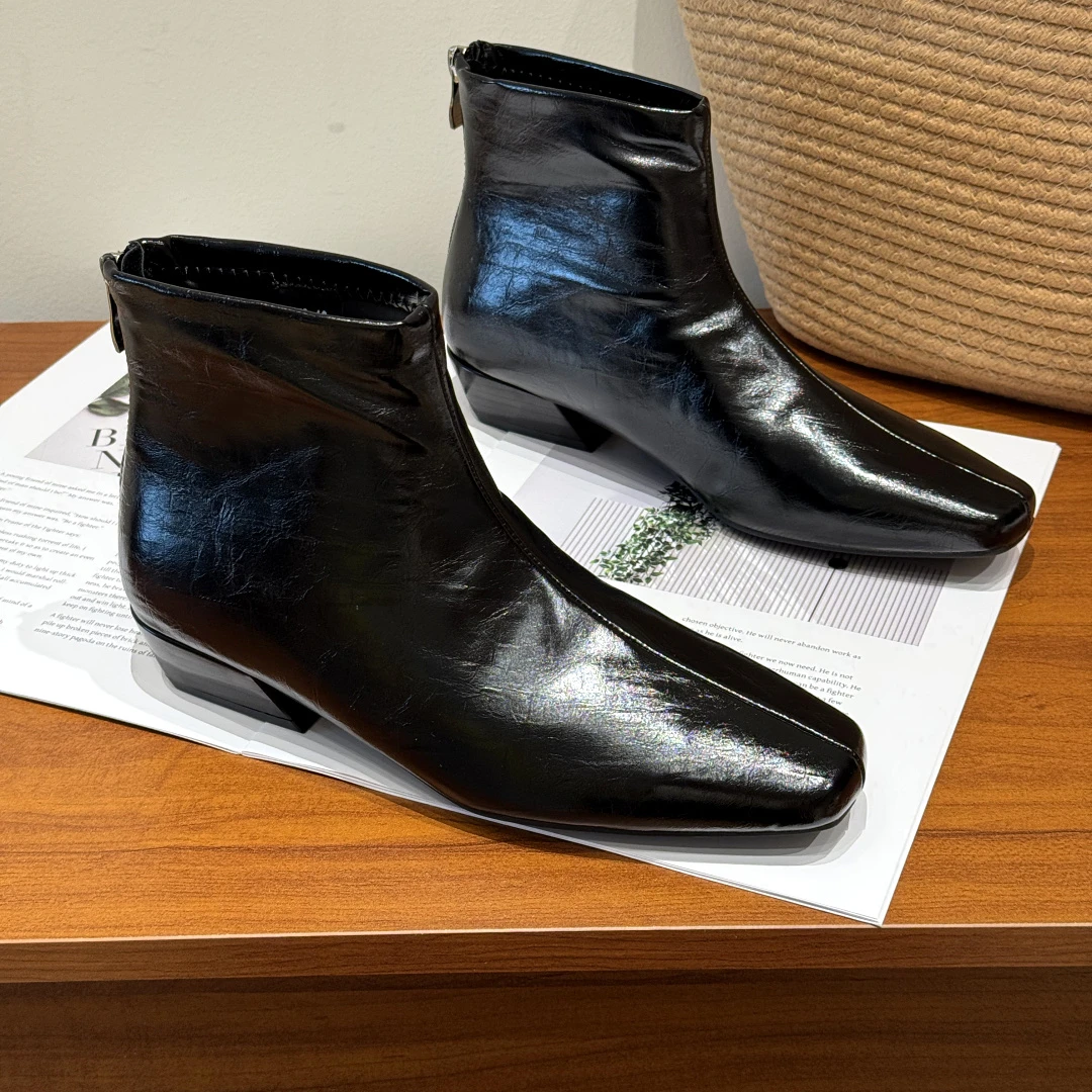 韩版方头中跟小众简约短靴女2025新款秋季复古粗跟单靴百搭瘦瘦靴