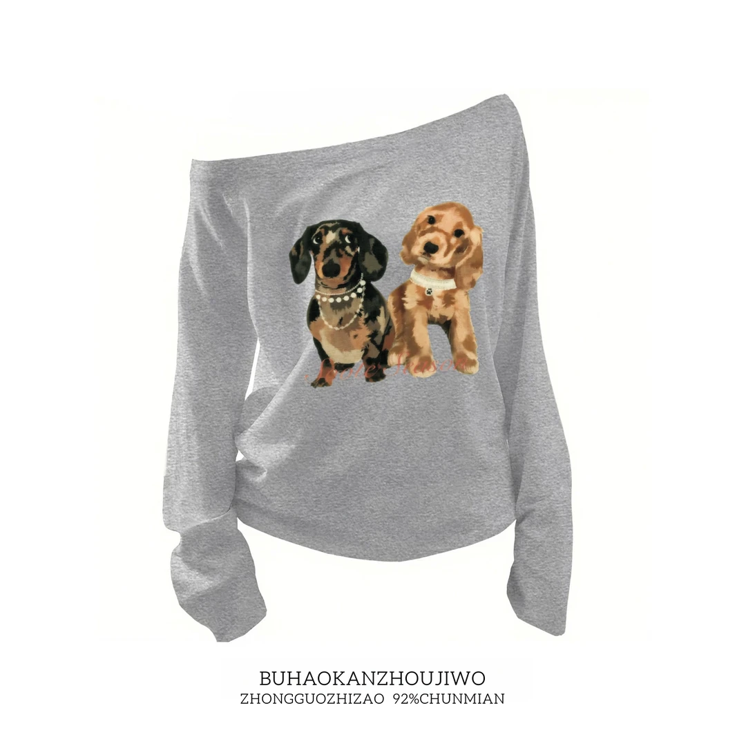 美式狗狗印花一字肩长袖t恤女2025秋季新款宽松显瘦斜肩露肩上衣