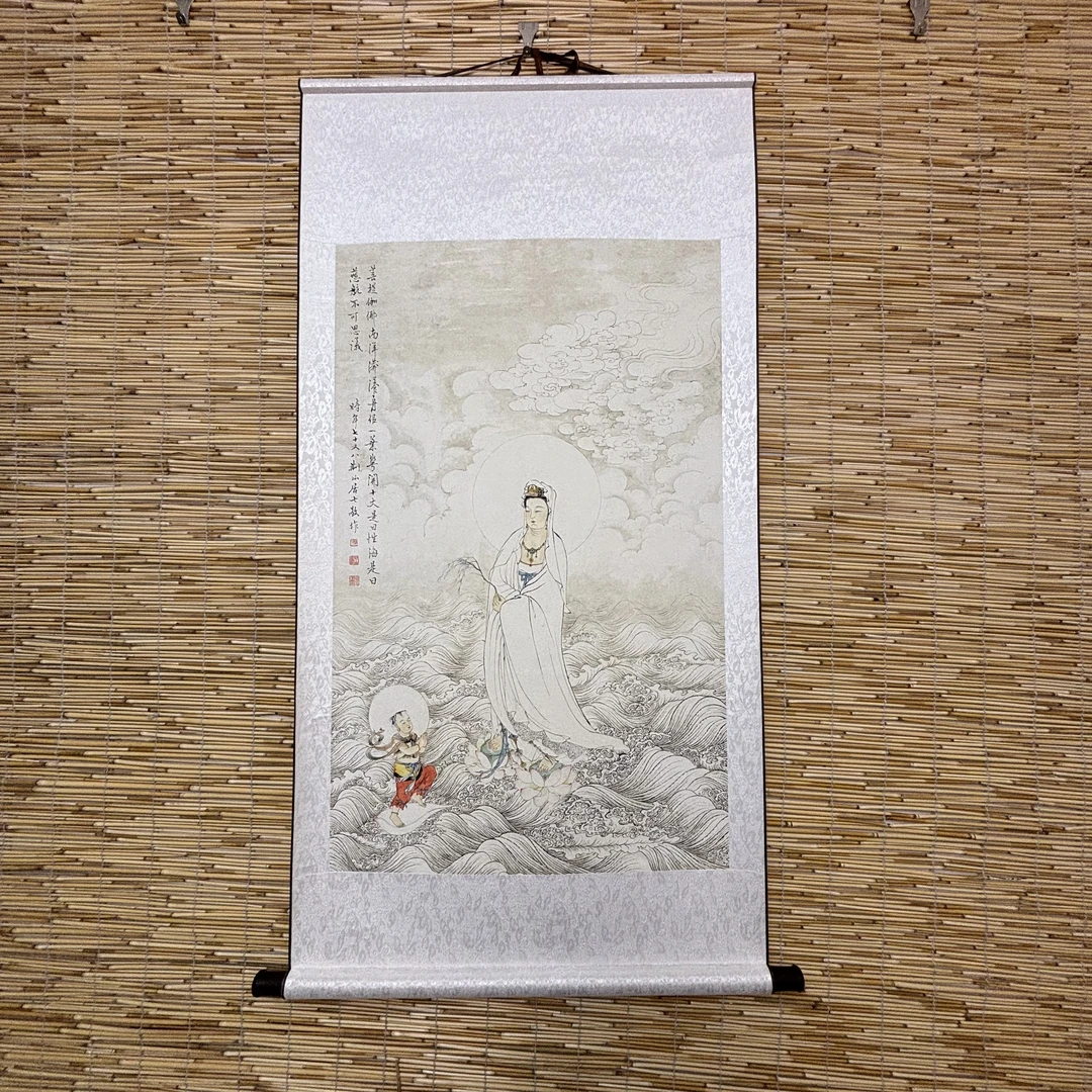 夏荆山《观音送子图》客厅书房茶室装饰挂画玄关菩萨高清卷轴字画