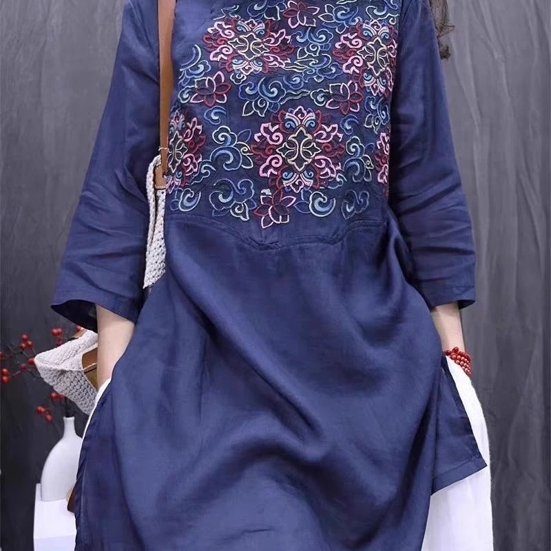 春秋夏复古显瘦重工刺绣文艺百搭上衣包边宽松洋气中长款衬衫