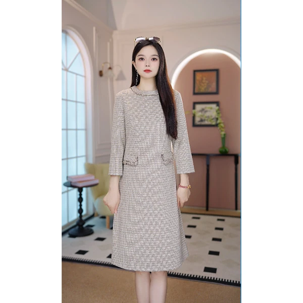 [佐尔美精品]  秋季新款 优雅气质格纹圆领连衣裙女E33LL06