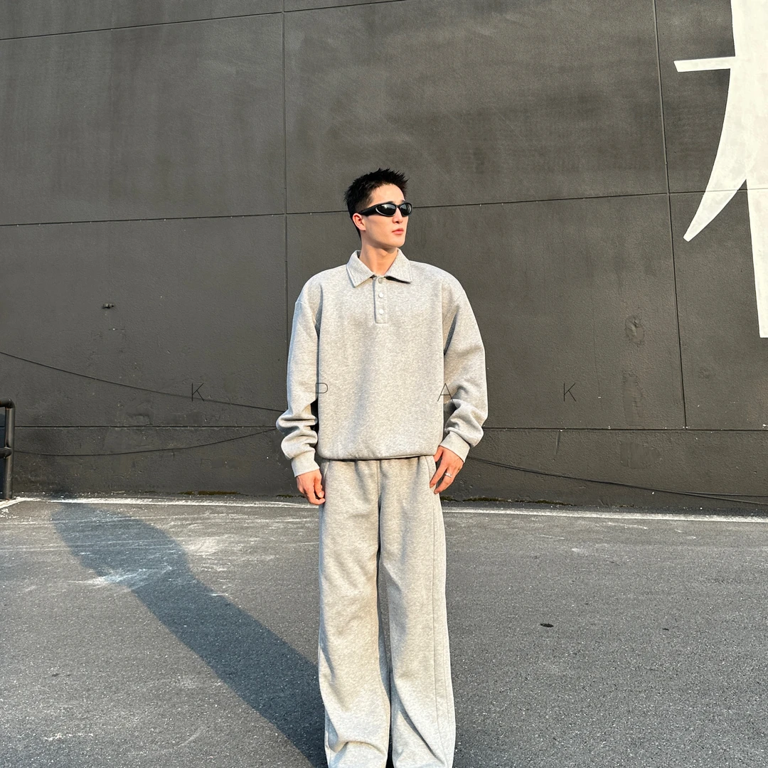 KPAK美式休闲男士显肩宽长袖春秋重磅380克纯色Polo卫衣简约宽松