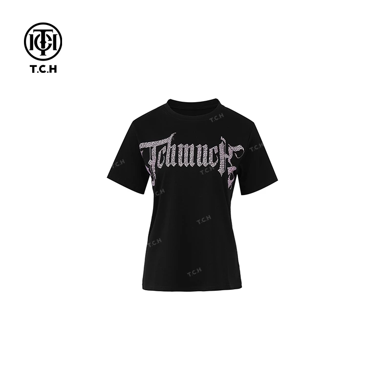 TCH服饰店-潮牌时尚字母烫钻工艺宽松短袖T恤上衣T75A10E5012