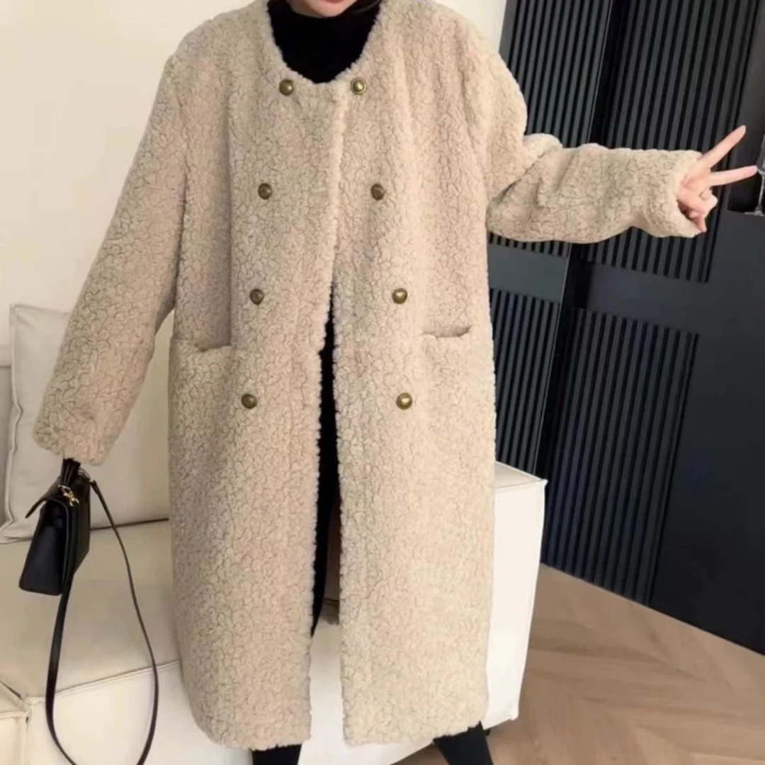双排扣羊羔绒大衣女冬季2025新款皮毛一体百搭中长款加厚外套女潮