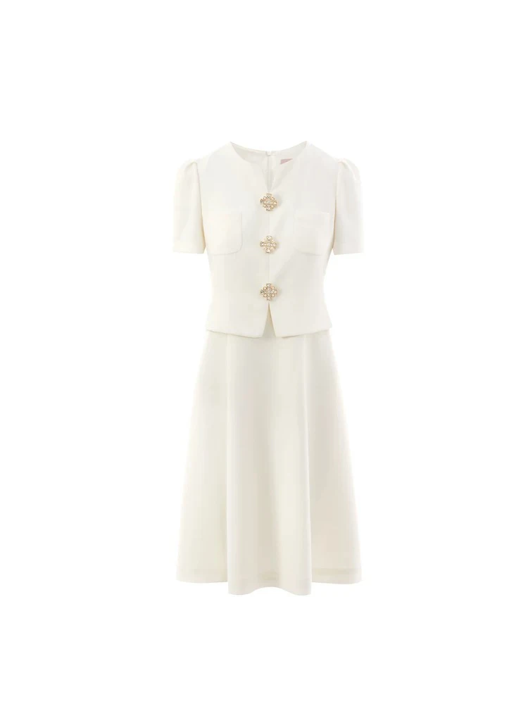 LAI Y-428斜纹软呢法式米白色假两件收腰连衣裙