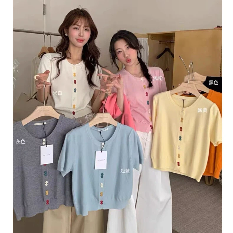 2025（羊毛）早秋新款彩色双扣亲肤软糯设计感针织衫圆领短袖开