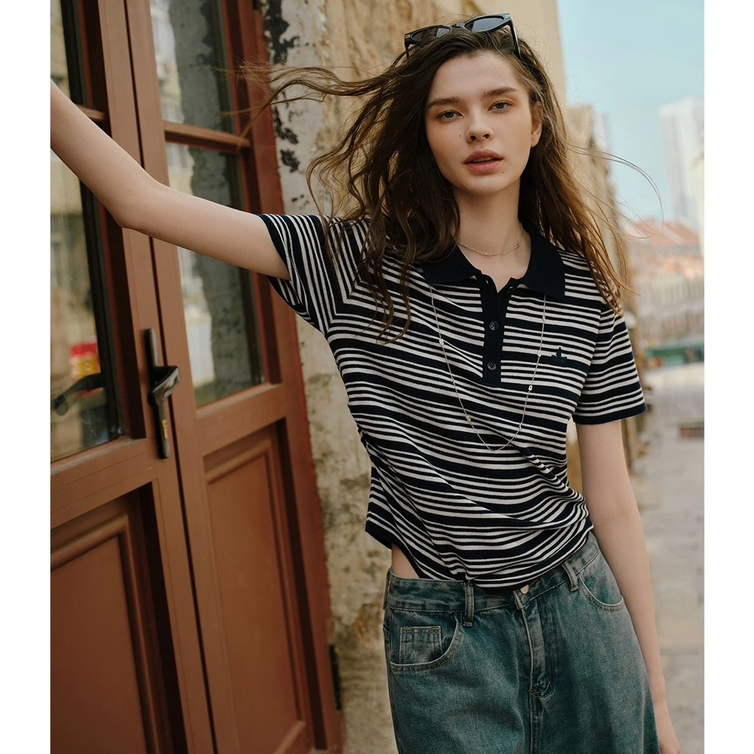 [含丝光羊毛]navigare意大利小帆船条纹短袖针织衫女显瘦海魂衫