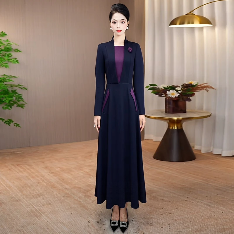 藏蓝色连衣裙女2025秋季新款显瘦气质高贵裙子时尚减龄长袖长裙