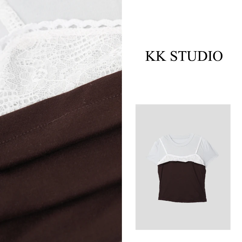 淇老板KK Studio夏季新款时尚百搭蕾丝拼接假两件T恤9110