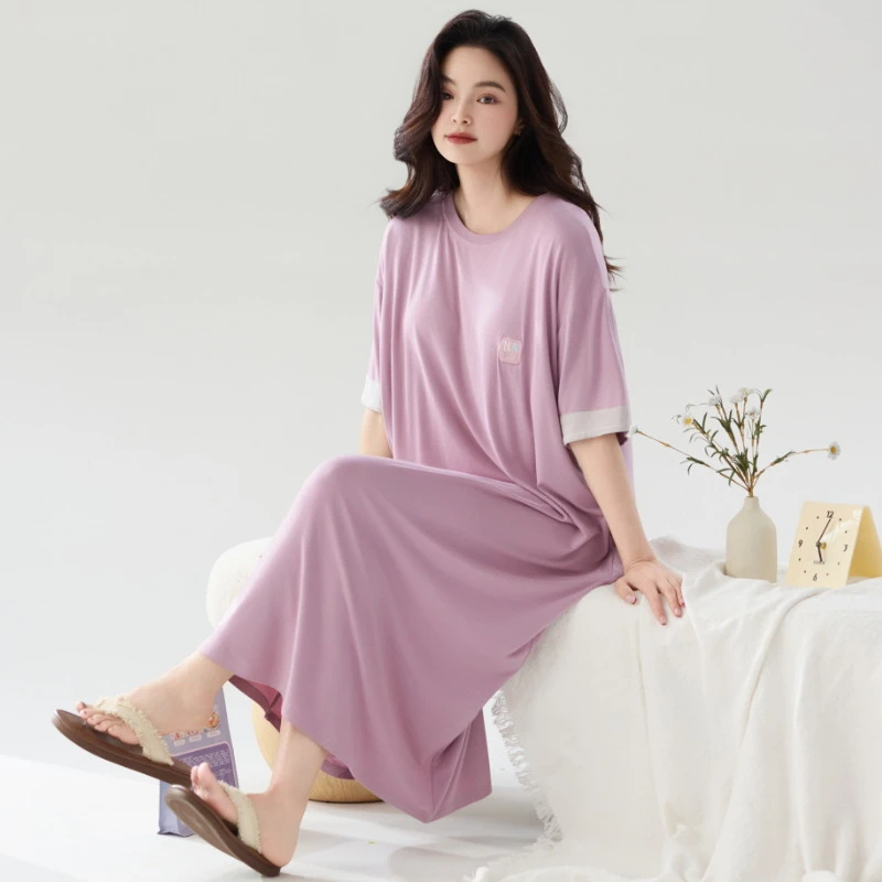 夏季凉感莫代尔睡裙女休闲韩版宽松加肥加大码胖MM睡衣女夏家居服