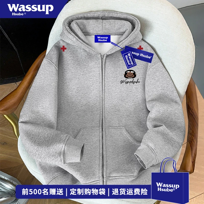 WASSUP HSUBE国潮牌卡通猴子印花连帽开衫卫衣男女秋冬季拉链外套