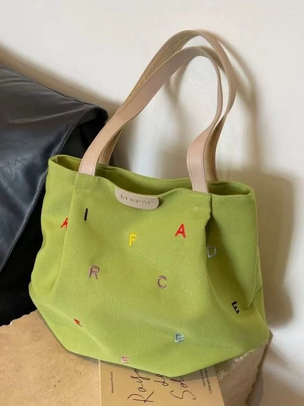 大容量包包女2025新款潮刺绣字母手提袋小清新学生单肩托特包