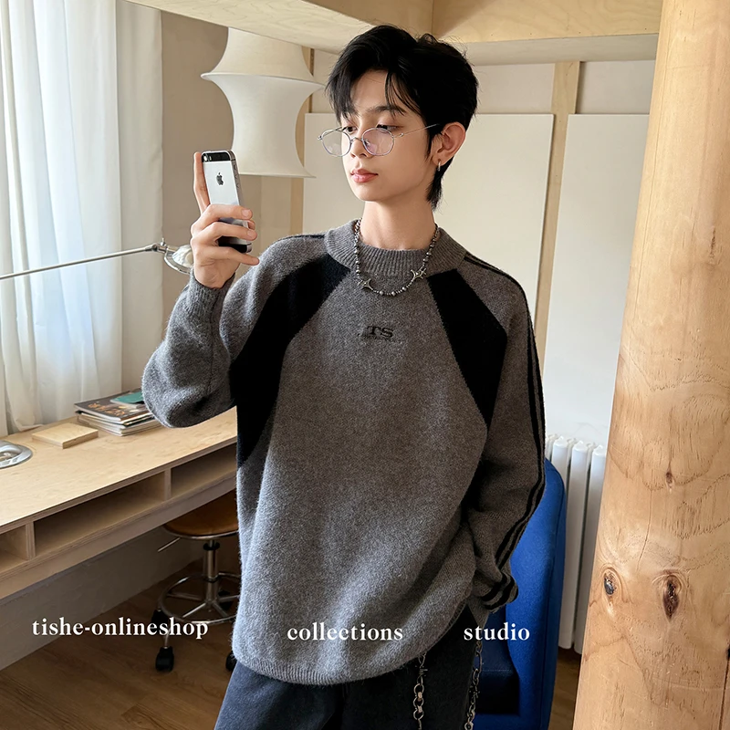 男童毛衣春秋款中大童2025新款秋装男孩撞色拼接针织衫青少年潮牌