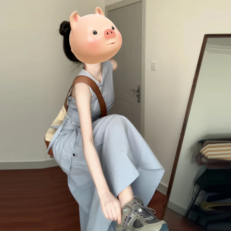 3921蓝色无袖背心连衣裙子女装夏季2025新款高级感收腰显瘦工装裙