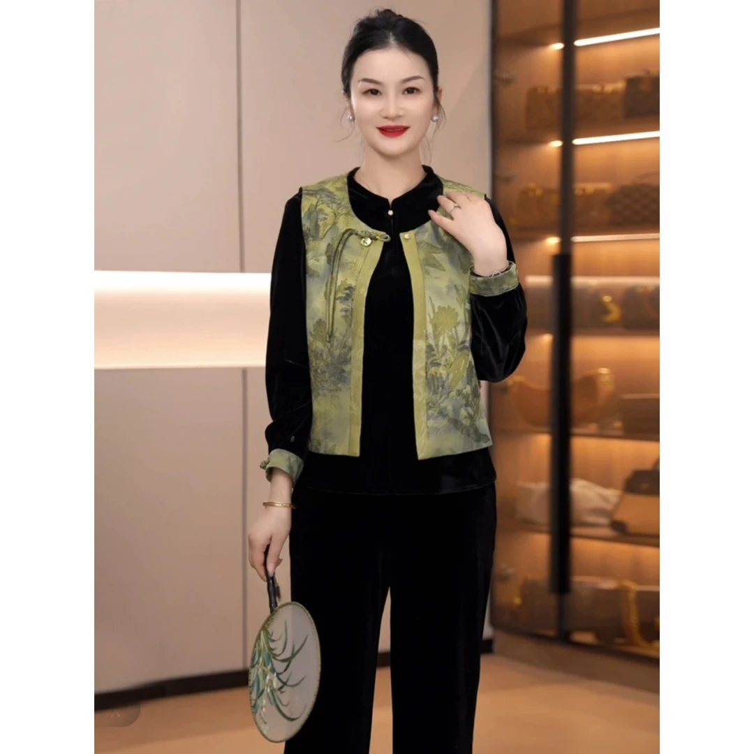 恒源祥彩羊妈妈春装新中式套装阔太太国风马甲上衣中老年女装气质