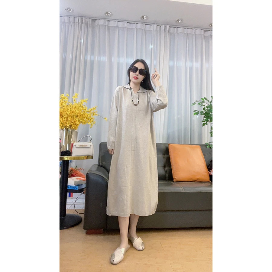 4538 翻领气质轻奢长袖连衣裙秋冬针织大码连衣裙
