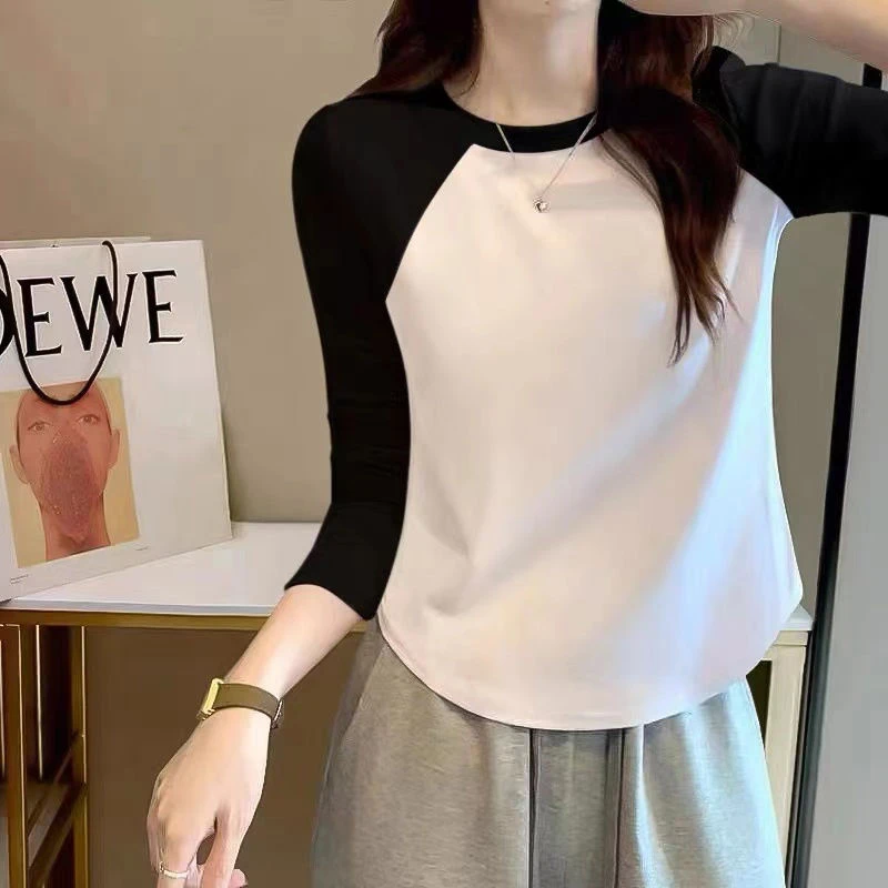 高档潮流体恤衫撞色小个子不规则弧形新款春秋季长袖打底衫t恤女