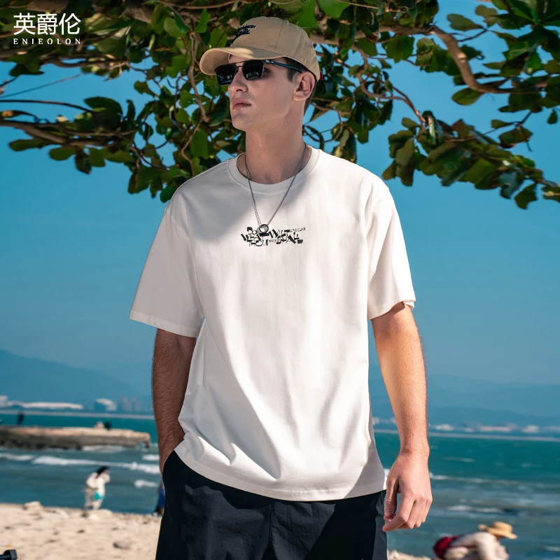 250g重磅纯棉宽松短袖t恤男夏季潮牌复古印花精梳棉五分袖T3249