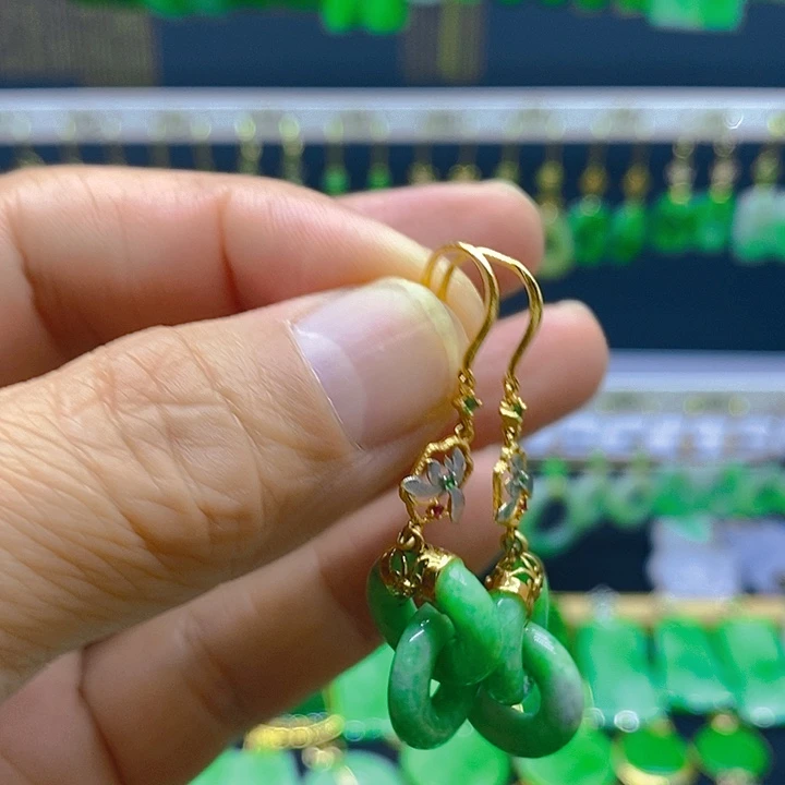翡翠银S925镀金镶嵌耳饰耳坠