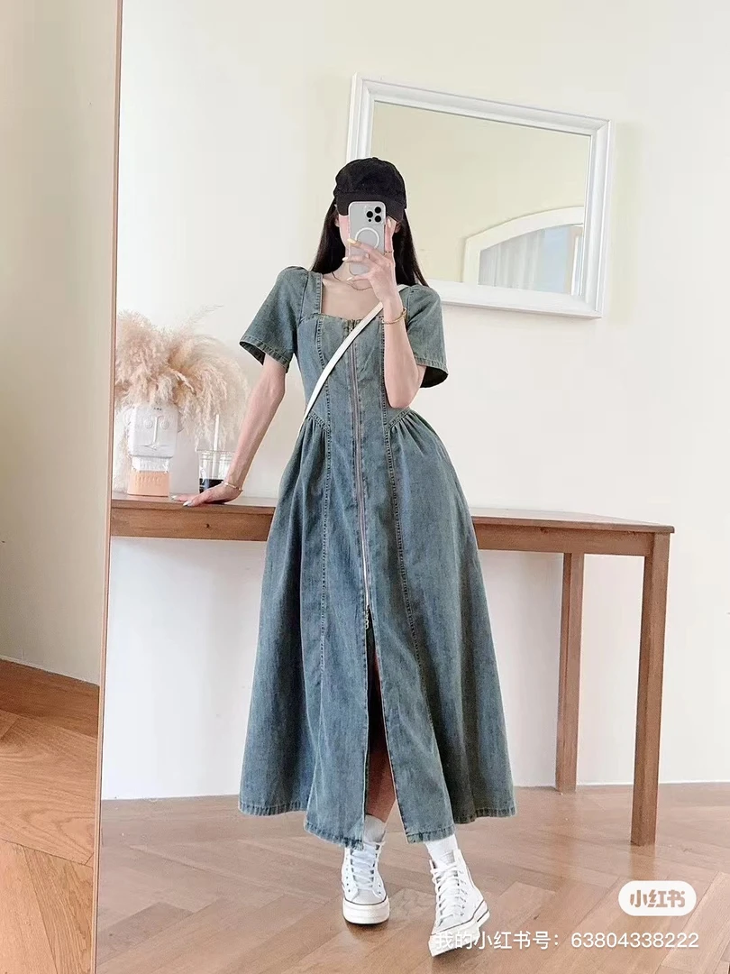 一字领拉链短袖不褪色夏季连衣裙显瘦设计感欧若假日风202#