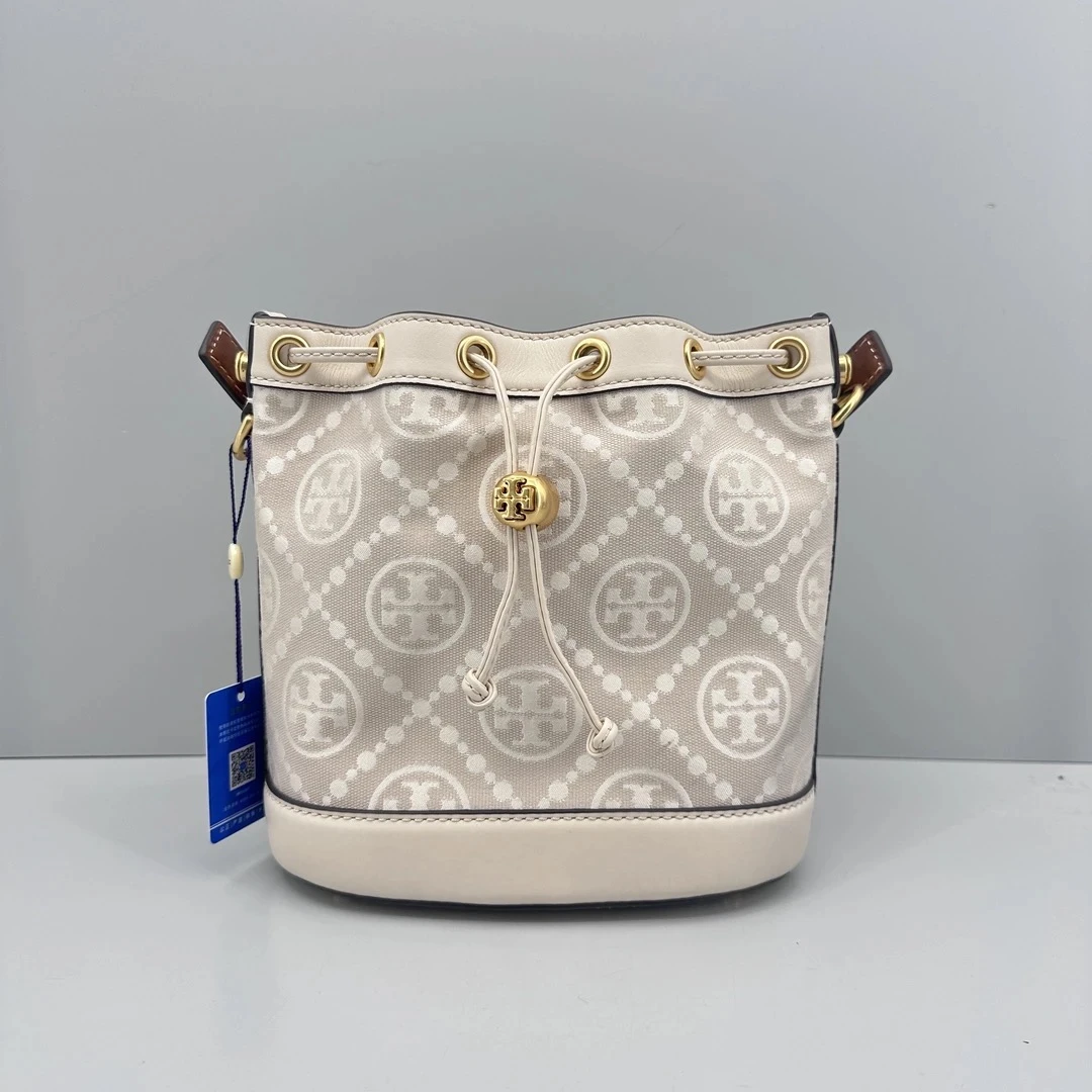 95新 TORY BURCH/汤丽柏琦 白色老花中号水桶包21*21*12cmE062401