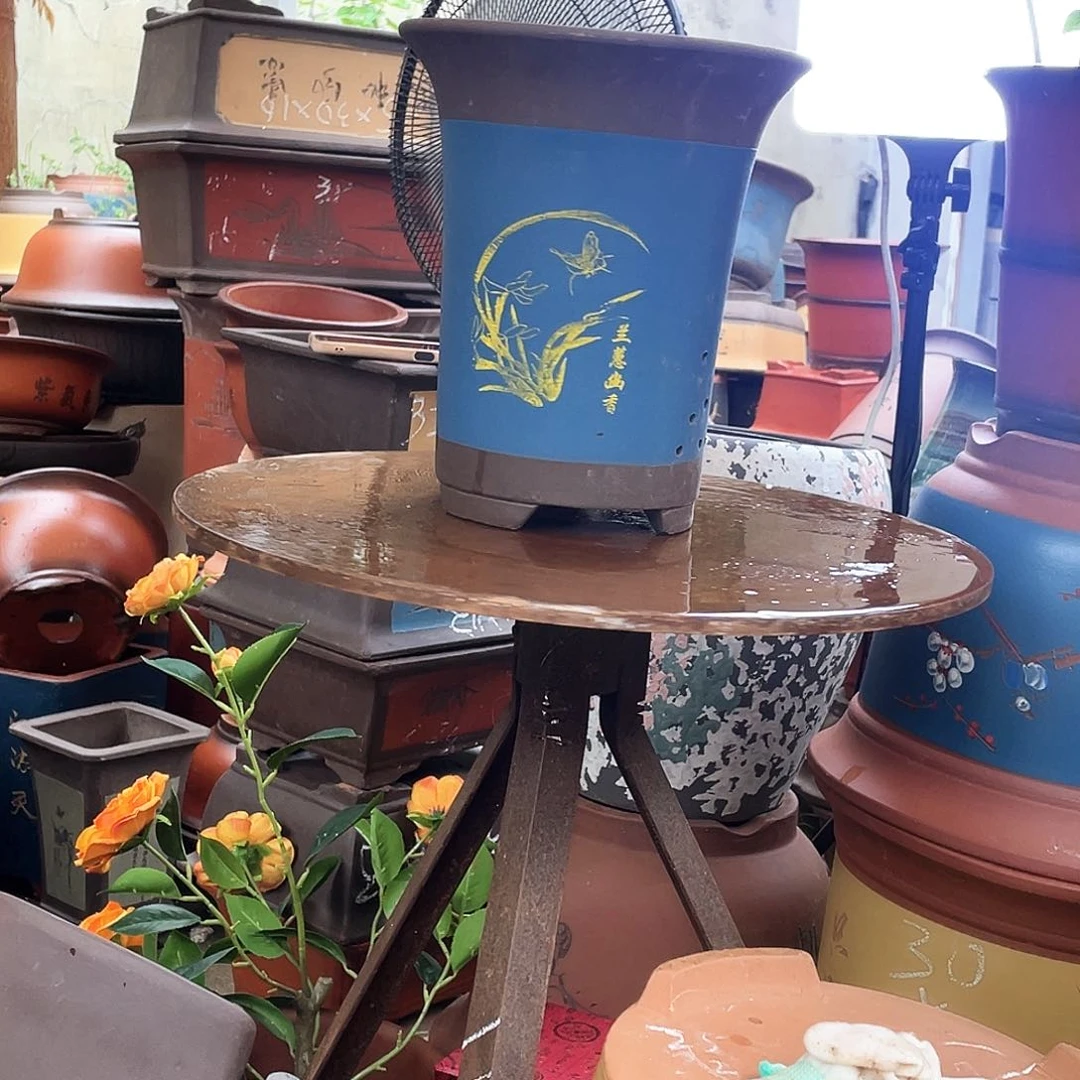 蓝色印金兰花盆22花盆紫砂