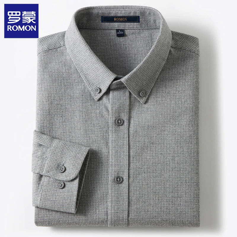 【纯棉色纺】罗蒙春秋千鸟格衬衫男士长袖全棉灰色磨毛衬衣商务休闲