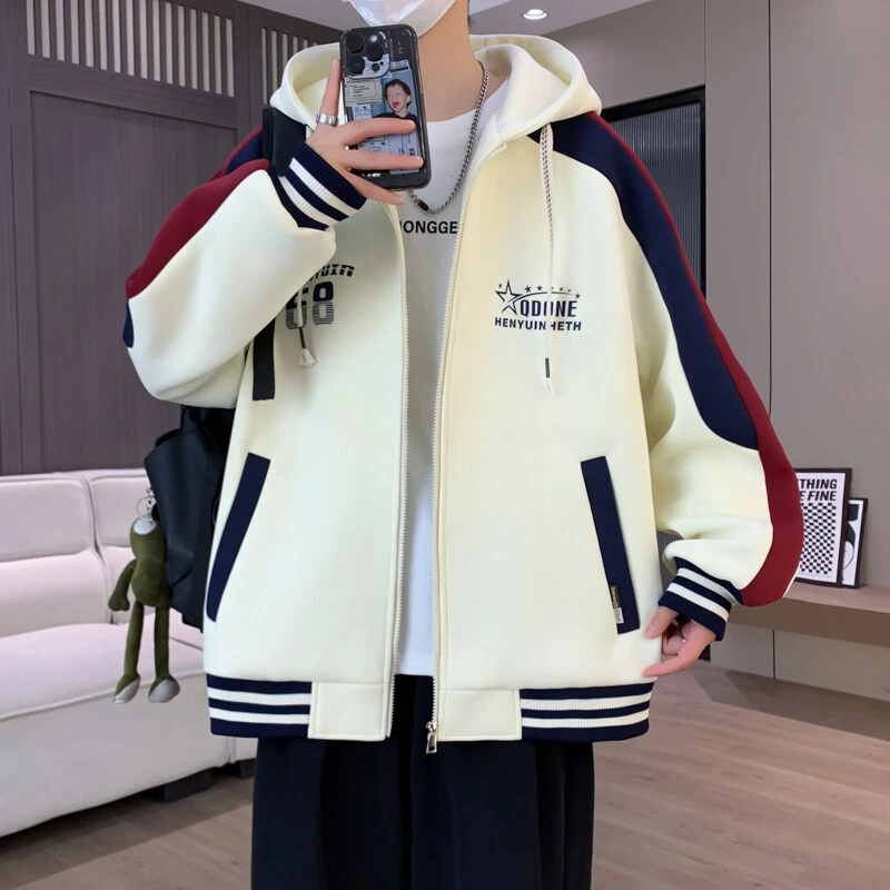 春秋季青少年新款百搭潮流拼色设计感连帽外套简约高级时尚